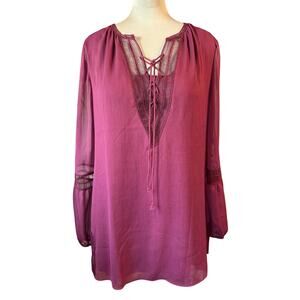White House Black Market Maroon Lace-Up Boho Tunic Top Size M